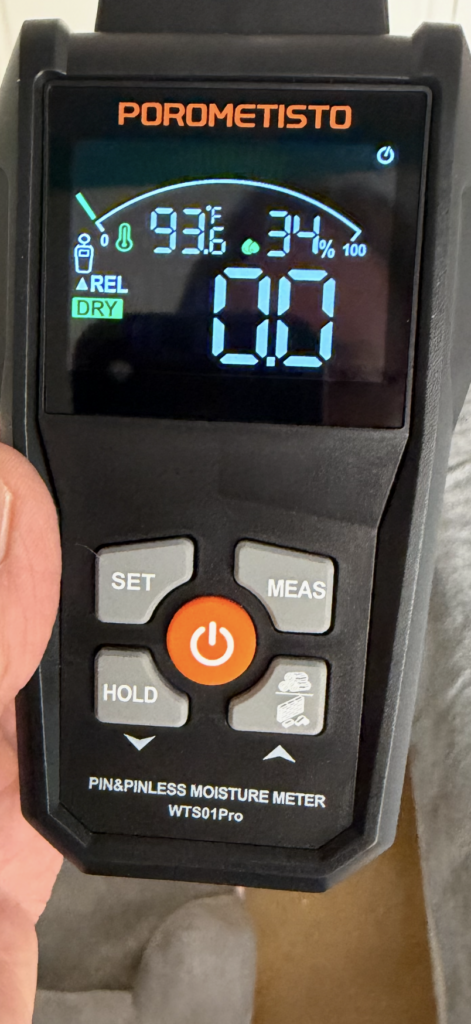 Dry moisture meter reading documented during a Mold Testing Phoenix AZ residential inspection